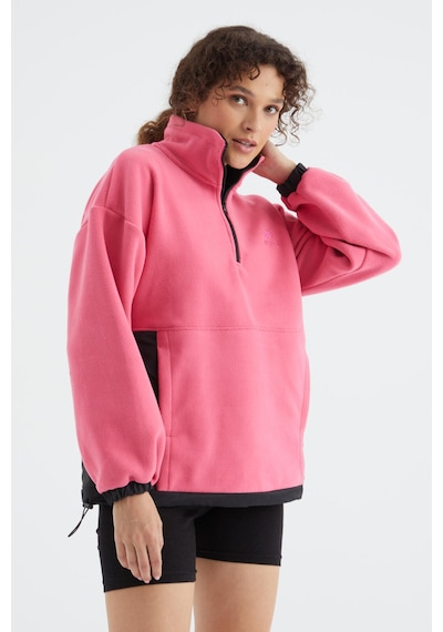 Tommy Life Şeker Pembe Yarım Fermuar Etek Ucu Büzgülü Dik Yaka Oversize Kadın Polar Sweatshirt - 97236 Şeker Pembe