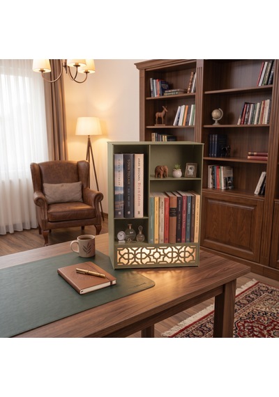 Işıklı Metal Masa Düzenleyici Masaüstü Kitaplık Minimalist Kitap Tutucu Haki