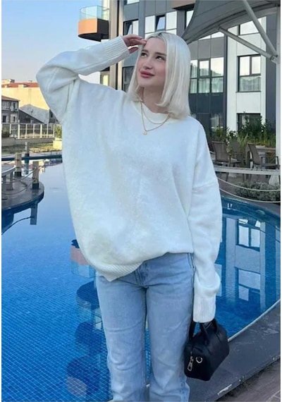 Kozia Outdoors Bisiklet Yaka Oversize Triko Kazak Krem