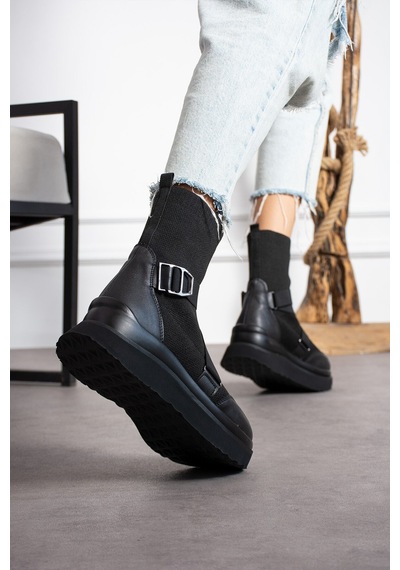 Dabab Shoes Katiana Kadın Siyah Lastik Detaylı Rahat Kalın Taban Triko Spor Bot