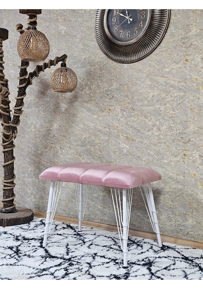 Zafir Metal Beyaz Tel Ayaklı 60 Cm Puf Bench - Puf - Bench - Oturak - Mutfak Oturağı - Antre Oturağı Pembe
