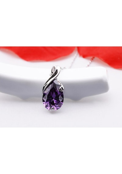 Brezza Lusso Jewelry Gümüş Mor Taşlı Su Damlası Kadın Kolye 45 CM