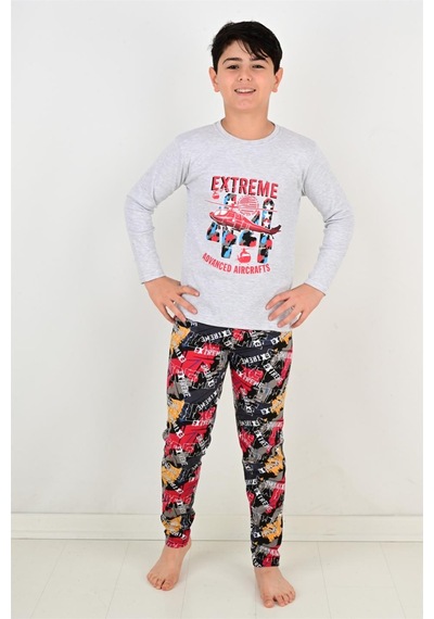 Vitmo Erkek Çocuk Pijama Takımı Uzun Kollu Air Craft Pamuklu Kışlık Gri