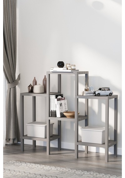 Shelf 6 Katlı Düzenleyici Plastik Raf Ünitesi Gri, Kitaplık, Mutfak, Banyo Rafı Dolabı Gri