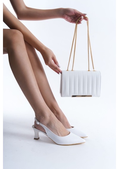 Zlato Beyaz Arkası Açık Topuklu Stiletto Ayakkabı Ve Çanta Kombini Beyaz