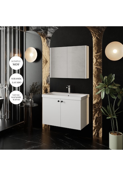 Karen Banyo Mimoza 80 Cm Seramik Lavabolu, Aynalı Banyo Dolabı Seti Lavabo Dahil Komple MDF