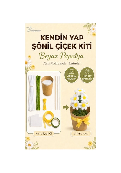 Beyaz Papatya Şönil Çiçek Yapım Kiti - Kendin Yap Hobi Seti Dıy Çiçek Kiti