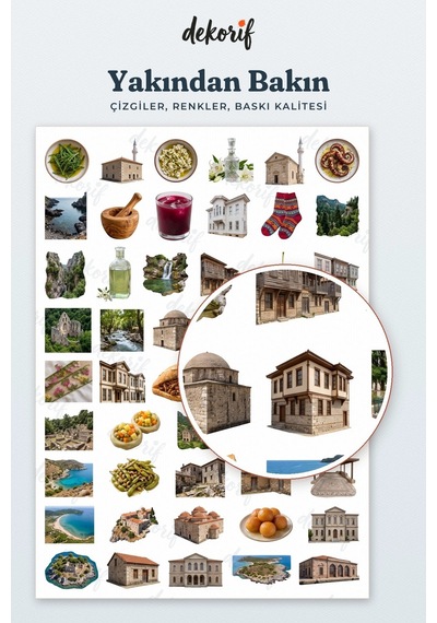 Balıkesir Sticker Seti 100 Adet - Cunda Ayvalık Tostu Saat Kulesi Gerçekçi Ajanda Journal Çıkartma Çok Renkli