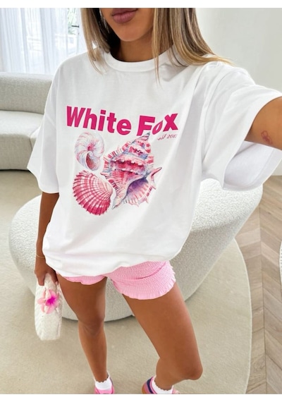 Kalic Studio Renkli Deniz Kabuğu Baskılı Kadın Yaz Oversize T-shirt Beyaz