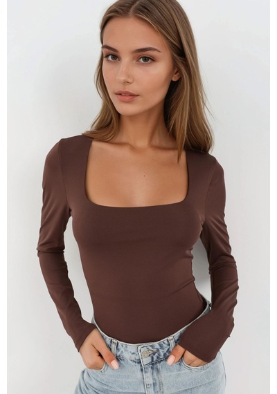 Hiccup Slim Fit Kare Yaka Esnek Üst Koyu Mocha Kahve