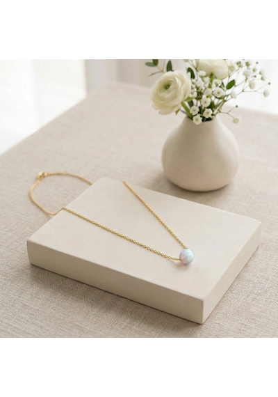 925 Ayar Gümüş Beyaz Küre Opal Taşlı Altın Kaplama Kolye Gold
