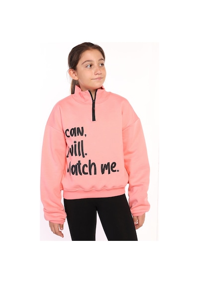 Toontoy Kız Çocuk Dik Yaka Fermuarlı Baskılı Sweatshirt Somon