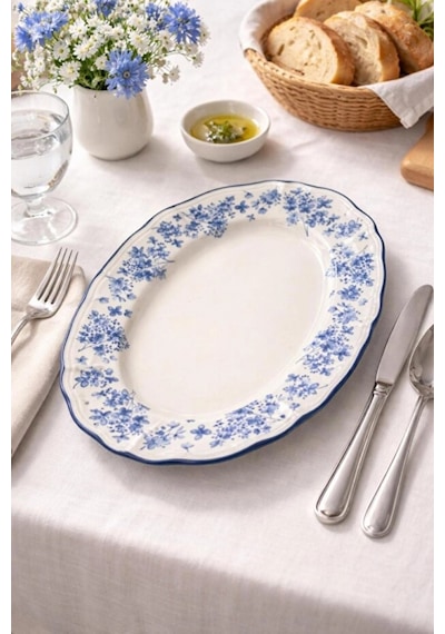 Acar Vintage Garden Mavi Çiçek Desenli Beyaz Porselen Oval Tabak 25x18 Cm Çok Renkli