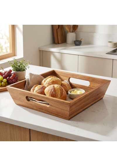 Lexroo Akasya Ekmek Sepeti 20 X 20 Cm, Kulplu Ahşap Ekmeklik, Kare Kahvaltı Ve Sunum Sepeti, Poğaça Çok Renkli