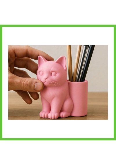 Bezos 3d Baskı Kedi Figürlü Kalemlik - Masaüstü Organizer - Pembe Dmc