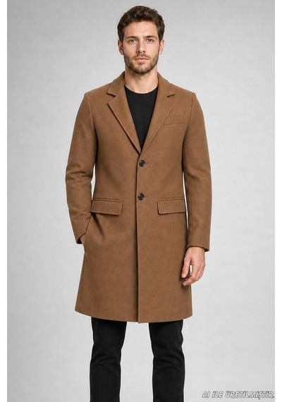 Freemen Erkek Slim Fit Klasik Yaka 3 Düğmeli Uzun Kaşe Kaban-425 Vizon
