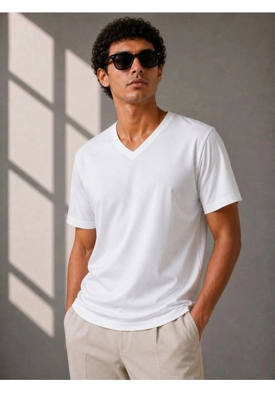 Freedom Storee Erkek V Yaka Basic Tişört Kısa Kol Yazlık Regular Fit T-shirt - Beyaz Çok Renkli