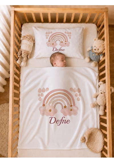 İsme Özel Kız Bebek Battaniye 80x80 Cm Ve Yastık Kılıfı 35x45 Cm %100 Pamuk Organik Baskılı Bebek Seti Bebek Hediyesi 1031yb Krem