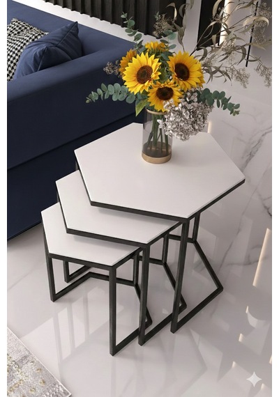 Vatoz Altıgen Siyah Metal Beyaz Mdf Tablalı 3lü Zigon Sehpa Beyaz