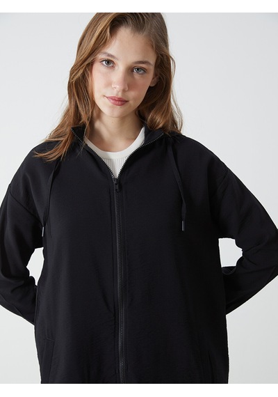 Lcw Modest Siyah Kapüşonlu Düz Oversize Kadın Tunik