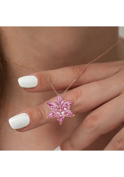 925 Ayar Gümüş Rose Pembe Lotus Çiçeği Kadın Kolye Renkli