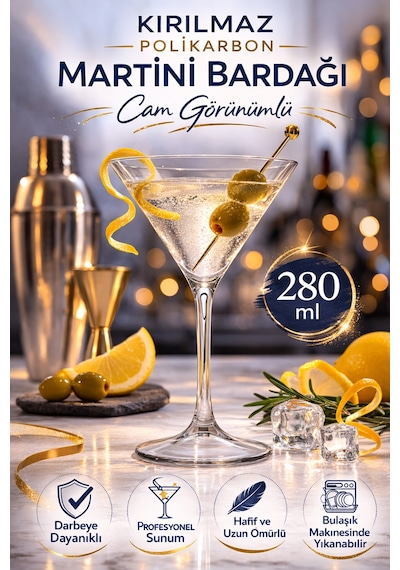 Polikarbon Martini Kadehi Kırılmaz Cam Görünümlü 280 Ml Kokteyl Bardağı Şeffaf