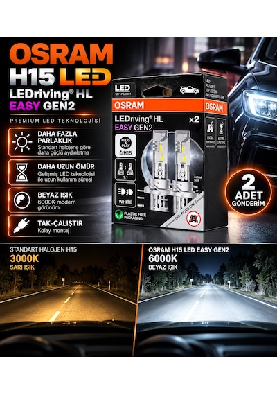 Osram H15 Led Easy Gen2 6000k 2 Li Set Beyaz Işık Plug & Play Premium Far Ampulü