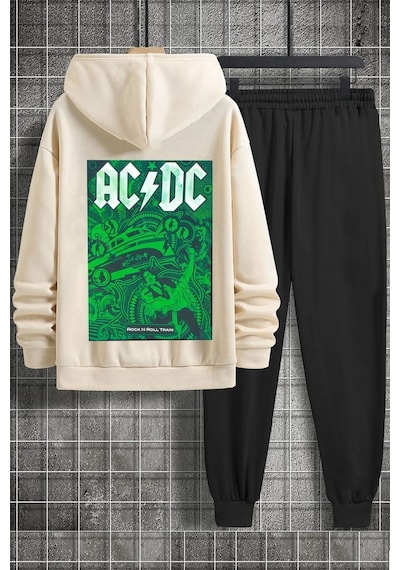 Uyguntarz Unisex Acdc Baskılı Eşofman Takımı Bej