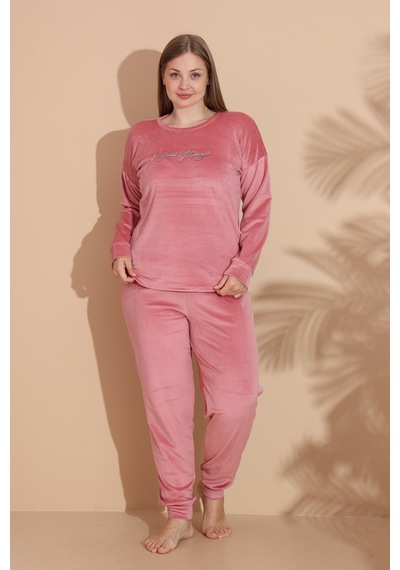 Remsa Büyük Beden Kadın Kadife Pijama Takımı 25396 Pembe Pembe