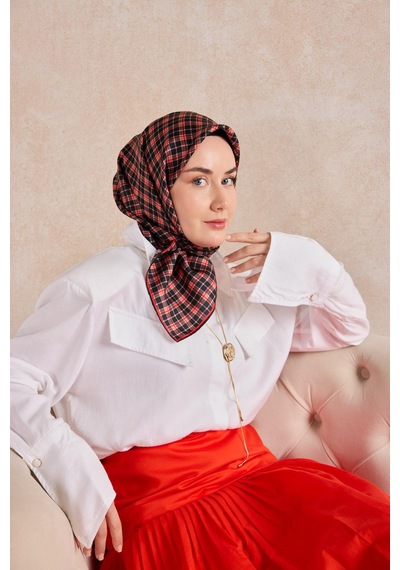 Silk Home Twill İpek Eşarp Ekose Kırmızı Çok Renkli