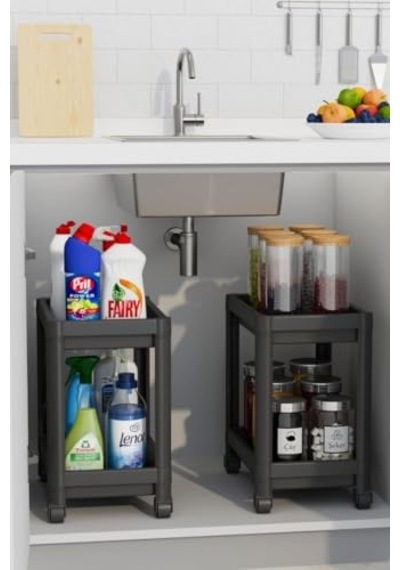 Orret Home 2 Katlı Tekerlekli Tezgah Altı Raf Organizer Düzenleyici Raf Ünitesi, Evye Altı Dolap İçi Düzenleyici, Mutfak Banyo Deterjanlık Şampuanlık Sebzelik,taşınabilir Saklama Rafı Siyah
