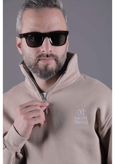 Dik Yakalı Parçalı Erkek Sweatshirt Krem