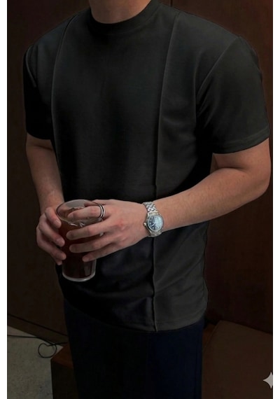 Erkek Çizgi Detaylı Slim Fit Tişört Bisiklet Yaka Casual Pamuklu T-shirt Siyah