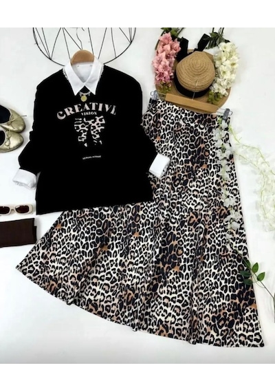 Lovie Moda Kadın Leopar Desenli Etekli Takım Siyah