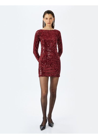 Koton Yuvarlak Yaka Uzun Kollu Slim Fit Mini Pullu Payetli Kalem Elbise Bordo 5wak80348ek Bordo