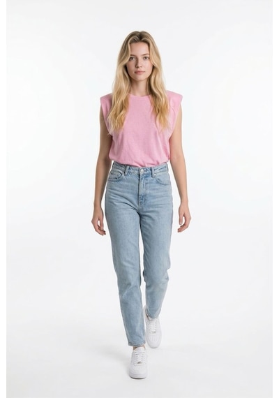 Vatkalı Kolsuz T-shirt %100 Pamuk Pembe