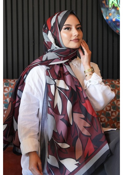 Afvente Yaprak Desen Bordo Soft Pamuk Şal Çok Renkli