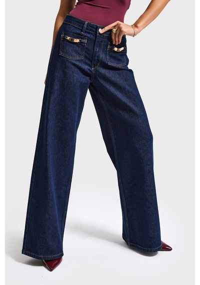 it's basic Kadın İndigo 7s6-50 Midrise Wide Leg Fit Viskon Kumaş Aksesuar Detaylı Denim Jean