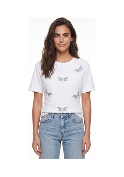 Onloox Kadın Beyaz Beyaz Pamuklu Esnek Kumaş Bisiklet Yaka Rahat Kalıp Boncuk Taş İşlemeli Yusufçuk Desenli T-shirt