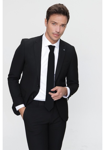 Morven Erkek Basic Düz Slim Fit 3lü Takım Elbise Slim Fit - 542408291 - Siyah