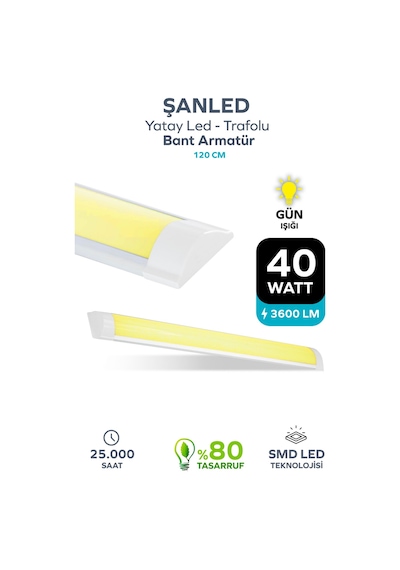 120 Cm 40 Watt Yatay Led Bant Armatür-trafolu Gün Işığı-1 Adettir Gün Işığı
