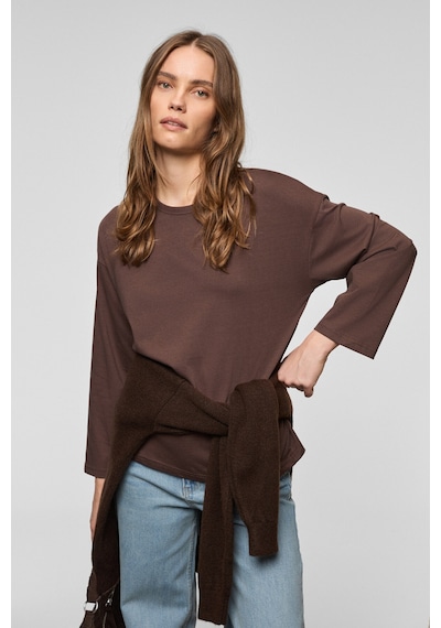 Grımelange Basıl Kadını Oversize %100 Organik Pamuk Örme Uzun Kol Koyu Kahverengi T-shirt Koyu Kahverengi