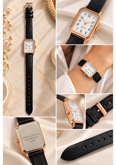 Kadın Kol Saati Rose Gold Kasa, Deri Kordon Siyah