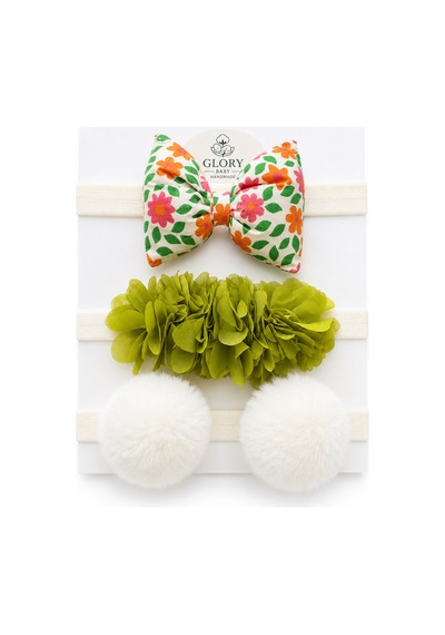 3'lü Bebek Bandana Seti Fiyonk - Ponpon- Çiçek Çiçek Desen- Yeşil Lazer- Ekru Ponpon Çiçek Desen- Yeşil Lazer- Ekru Ponpon