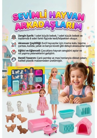 Sevimli Hayvan Arkadaşlarım 13 Parçalı 2 Figür Bebekli Eklemleri Hareketli Evcilik Oyun Seti 1
