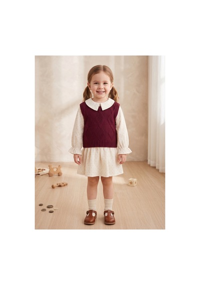 Deniva Kids Kız Çocuk Bordo Süveterli Bebe Yaka Puantiyeli Müslin Elbise İkili Takım