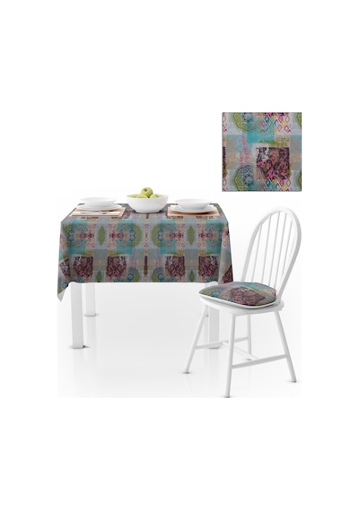 Patchwork Desenli Motifli Turkuaz Pembe Dijital Baskılı Petek Dokuma Masa Örtüsü 120x140