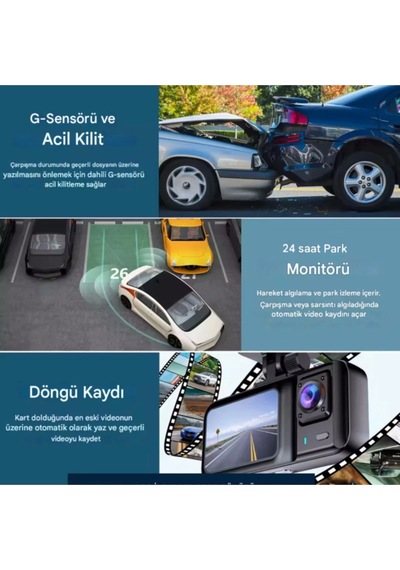 Buğz A-98 Wifi Full Hd 3 Kameralı Araç İçi Güvenlik Kamerası + Park Modu Kablosu Ön-arka-iç Kayıt,dashcam