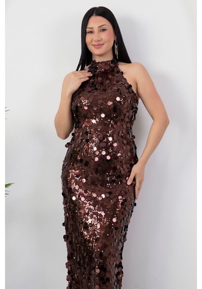 Kalopya Halter Yaka Büyük Pullu Elbise Abiye Ecr6094 Kahverengi