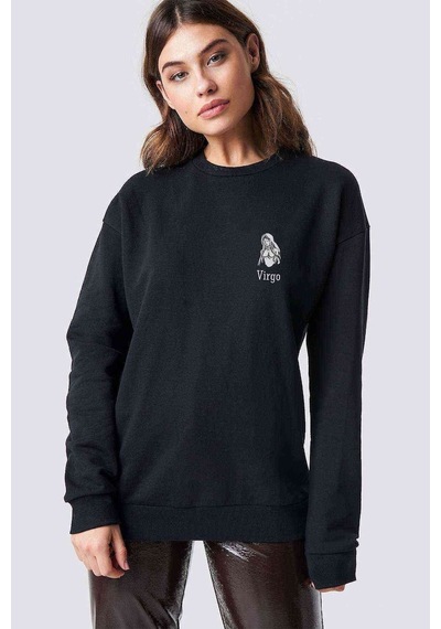 Başak Burcu Baskılı Siyah Kadın Sweatshirt